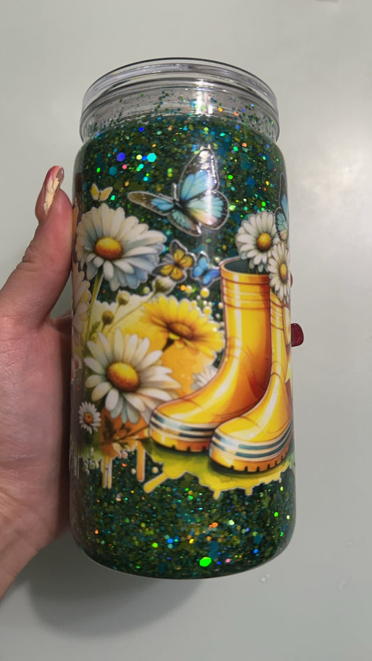 16oz acrylic rain boot, daisies & butterfly